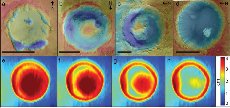 Sediment-filled craters on Mars (top) in different stages of erosion compared with results of a crater model in wind-tunnel experiment (bottom). Warm colors indicate high elevation, cool colors low elevation. Image: Mackenzie Day.
